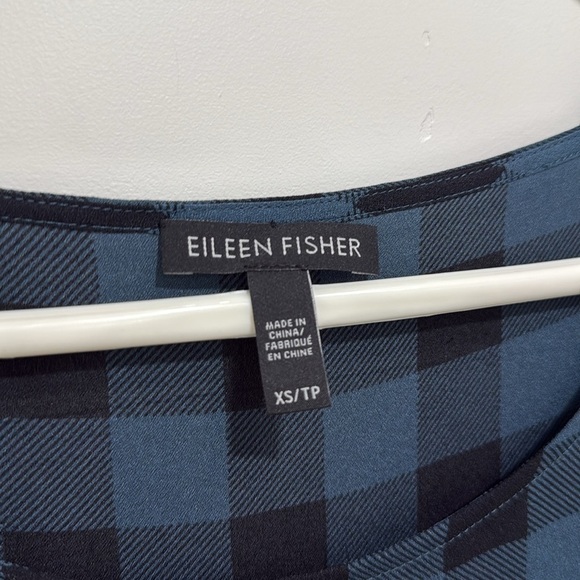 Eileen Fisher 100% Silk Blue Black Buffalo Plaid Sleeveless Tunic Tank Top XS - Picture 4 of 8